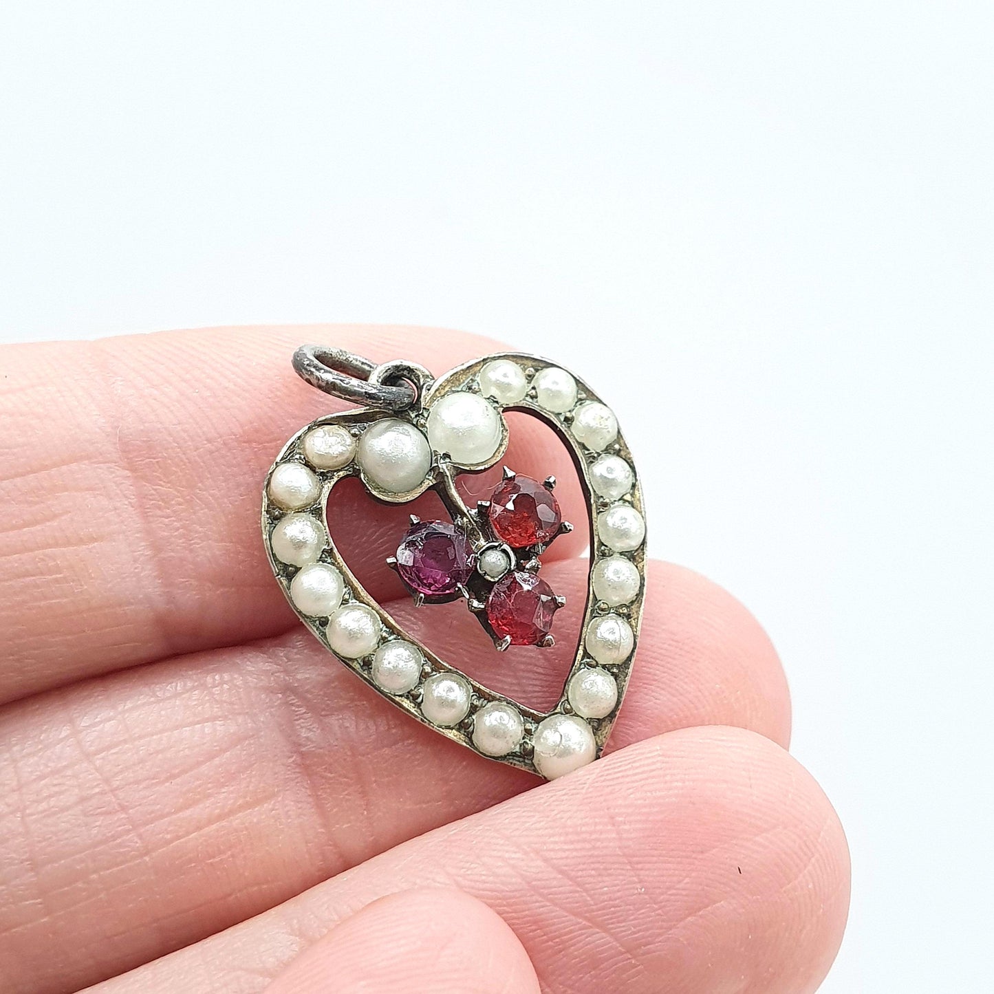 Antique Victorian Solid Silver Garnet Paste Heart Pendant Faux Seed Pearl Love Puffer Vintage Jewellery Womens Jewelry