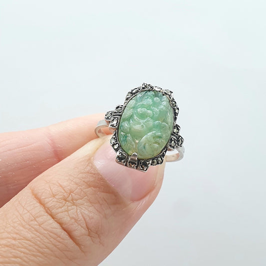 Antique Art Deco Solid Silver Peking Glass Ring Faux Carved Jade Flowers Marcasite Vintage Womens Green Jewellery Jewelry UK L.5 or US 6