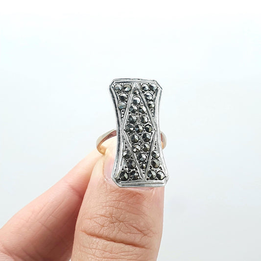 Antique 9ct Gold & Solid Silver Marcasite Ring Cocktail Statement Large Big Geometric Sparkly Ladies Womens Jewelry Jewellery UK J 1/2 US 5