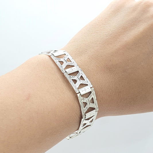 Antique Art Deco Solid Silver Geometric Bracelet Square X Links Hand Engraved Vintage Womens Jewellery Jewelry 17cm 12.83g