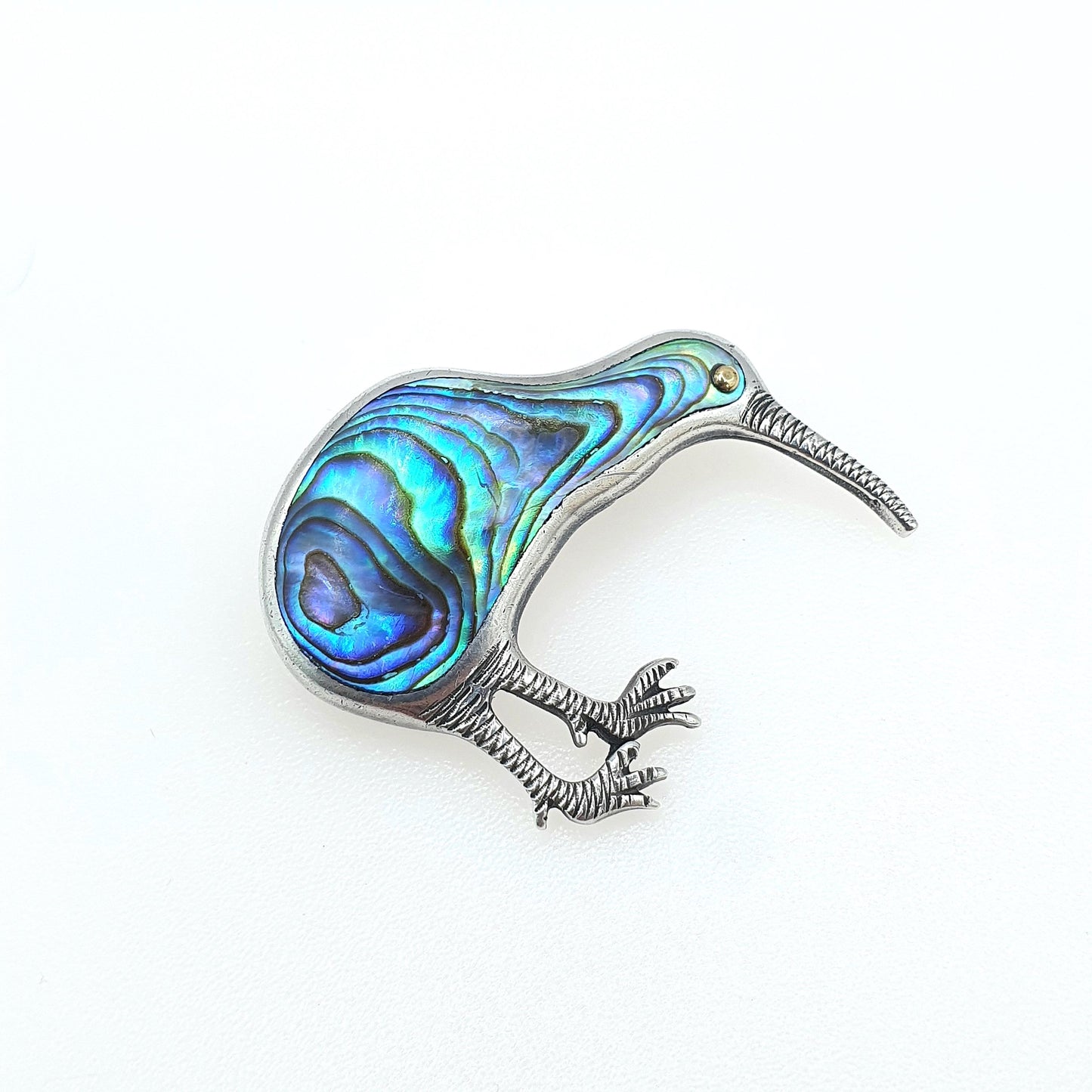 Antique Sterling Silver Abalone Shell Kiwi Bird Brooch New Zealand Maori Vintage Retro Womens Mens Unisex Jewellery Jewelry