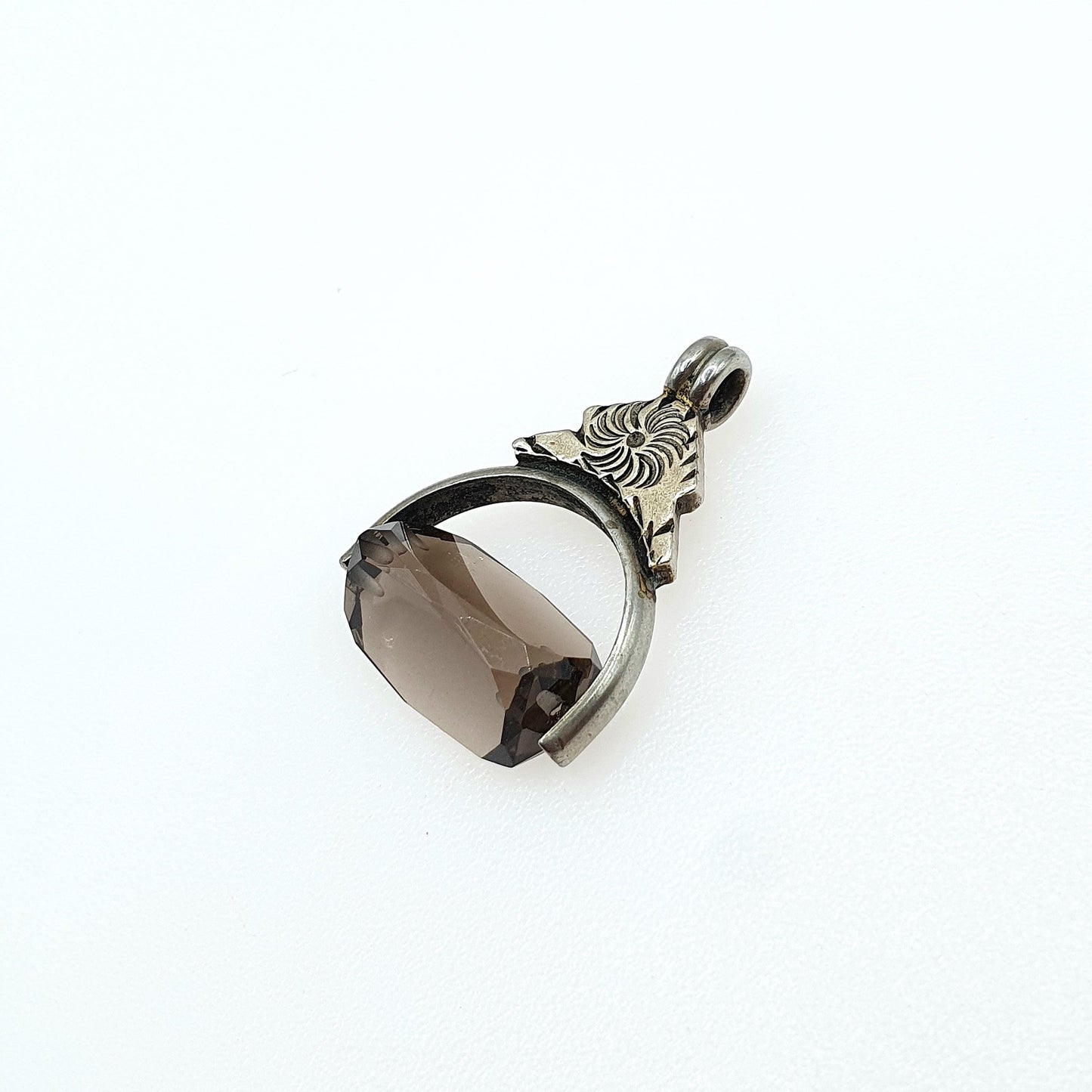 Antique Victorian Smoky Quartz Spinner Fob Pendant Silver Tone Base Metal Genuine Gemstone Necklace Vintage Albert Jewellery Jewelry