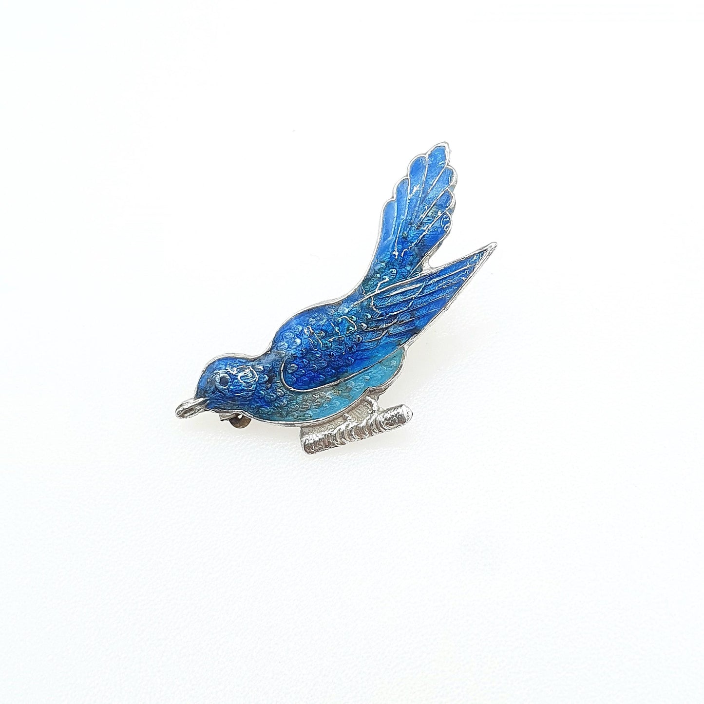 Antique Solid Silver Blue Enamel Bird Brooch Sweet Animal Gift Swallow Perch Womens Rare Vintage Jewelry Jewellery Mens