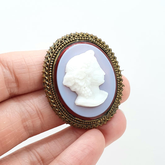 Antique Victorian Faux Sardonyx Cameo Brooch Gold Tone Base Metal Glass 1800s Large Big Vintage Jewelry Womens Jewellery