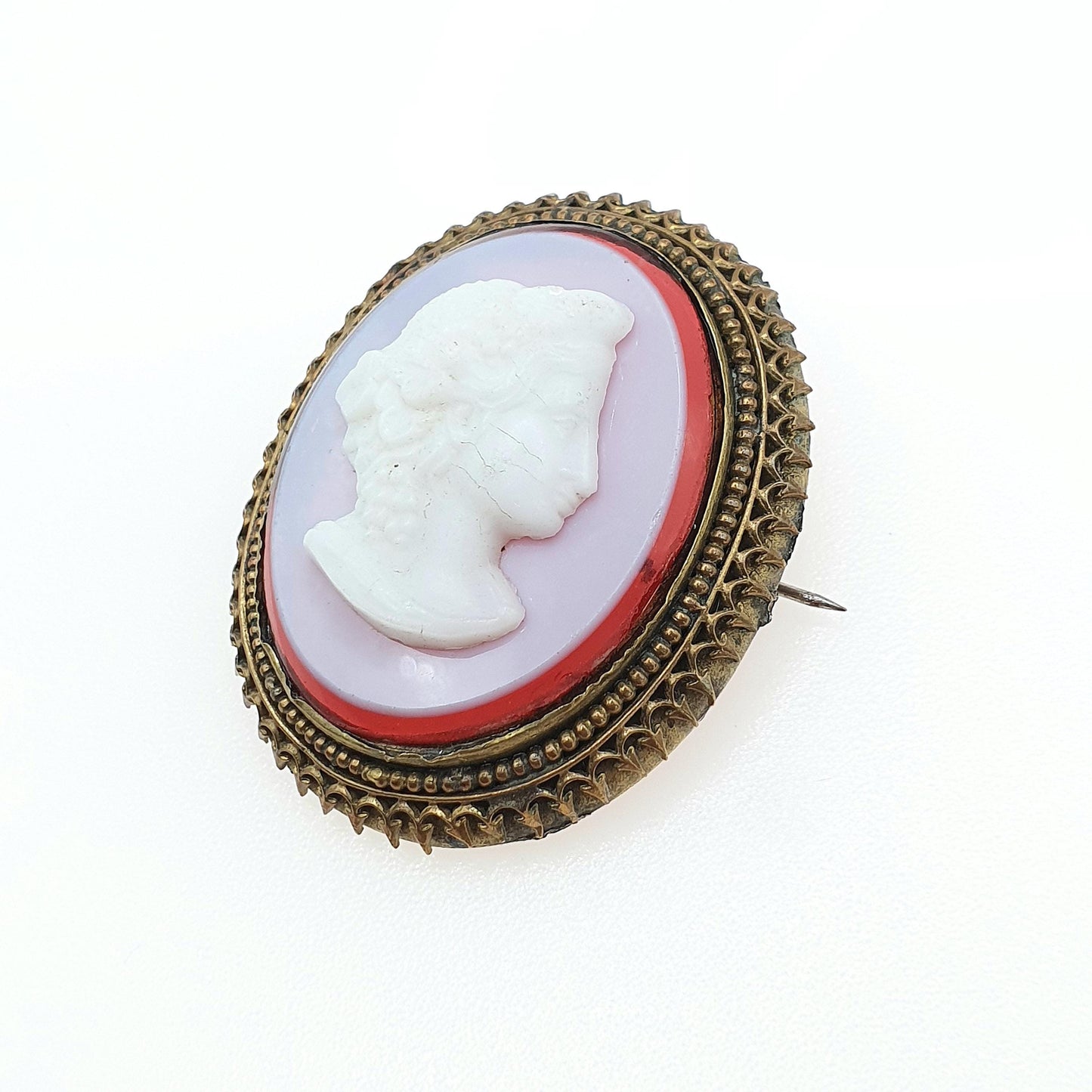 Antique Victorian Faux Sardonyx Cameo Brooch Gold Tone Base Metal Glass 1800s Large Big Vintage Jewelry Womens Jewellery