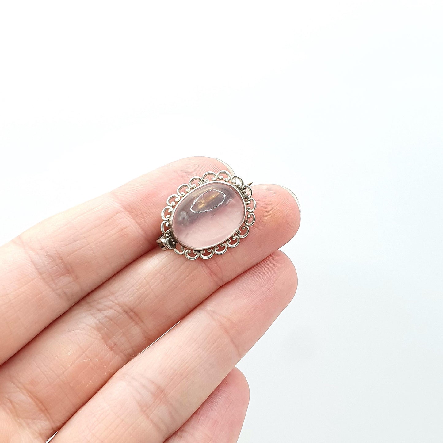 Antique Victorian Solid Silver Rose Quartz Brooch Oval Cut Clear Example Genuine Pink Gemstone Vintage Womens Jewelry Jewellery