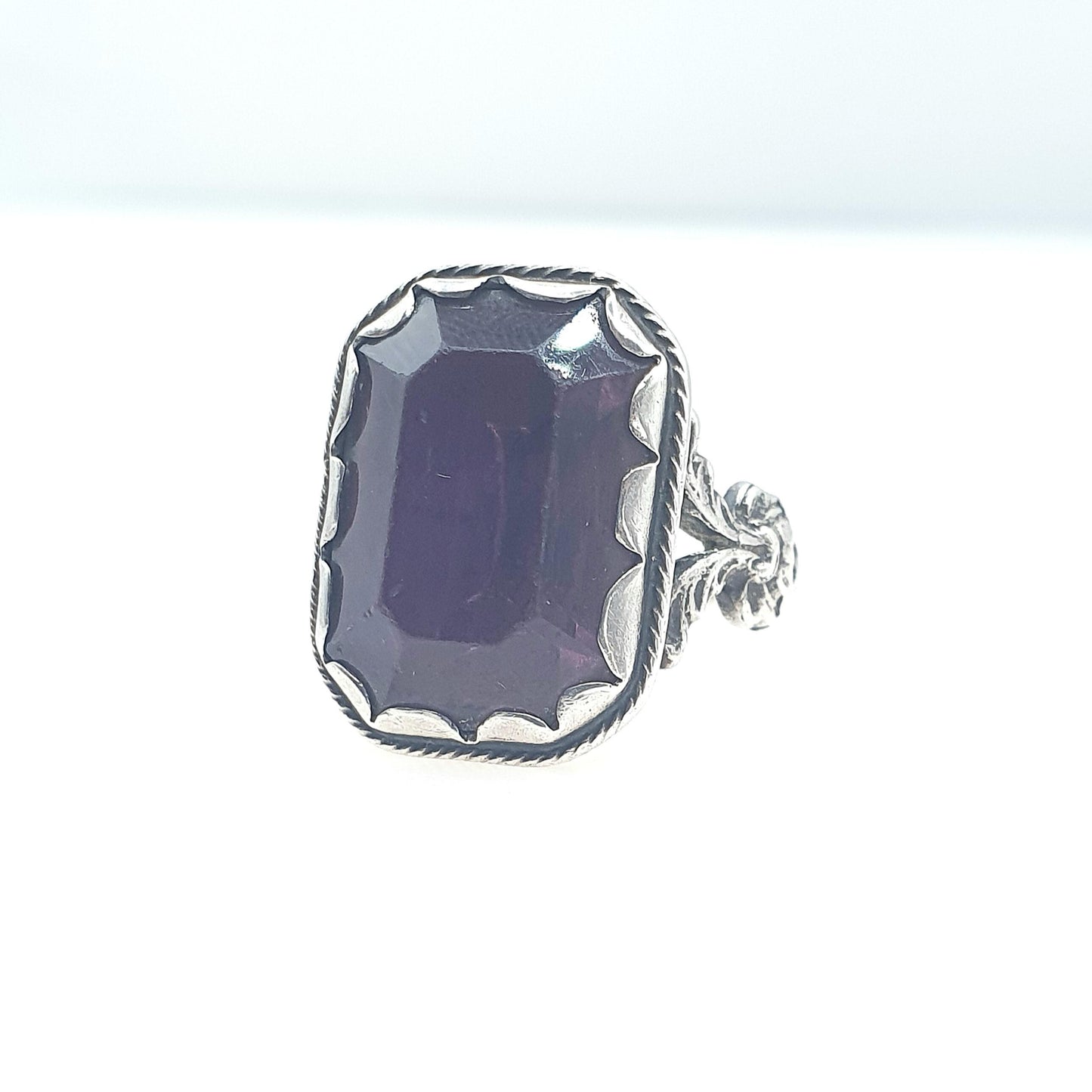 Antique Victorian Amethyst Paste Solid Silver Ring Chunky Rectangular Cut Lilac Purple Glass Womens Jewelry Vintage Jewellery UK O US 7.25