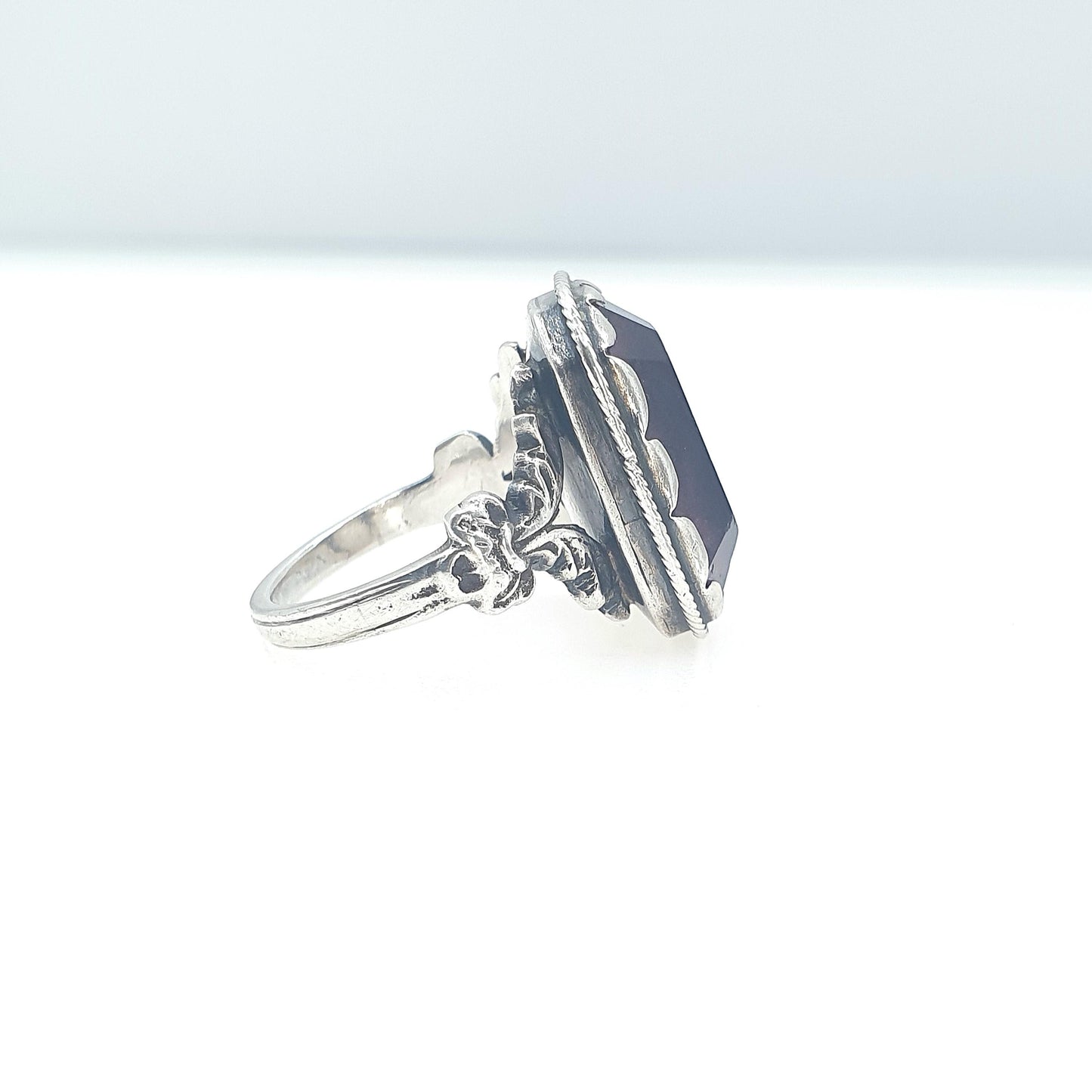 Antique Victorian Amethyst Paste Solid Silver Ring Chunky Rectangular Cut Lilac Purple Glass Womens Jewelry Vintage Jewellery UK O US 7.25