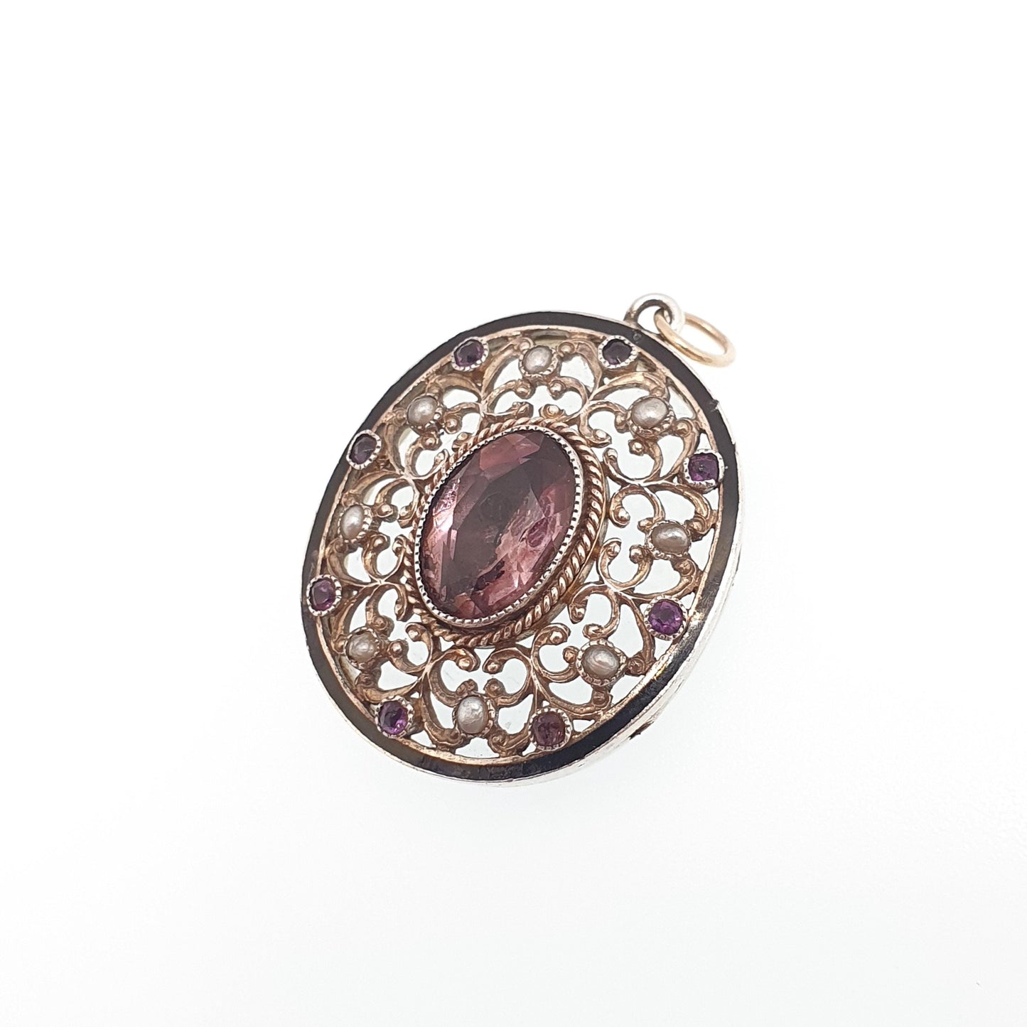 Antique Solid Silver Amethyst Locket Glass Rear Seed Pearl Enamel Pierced Art Nouveau Pendant Necklace Womens Vintage