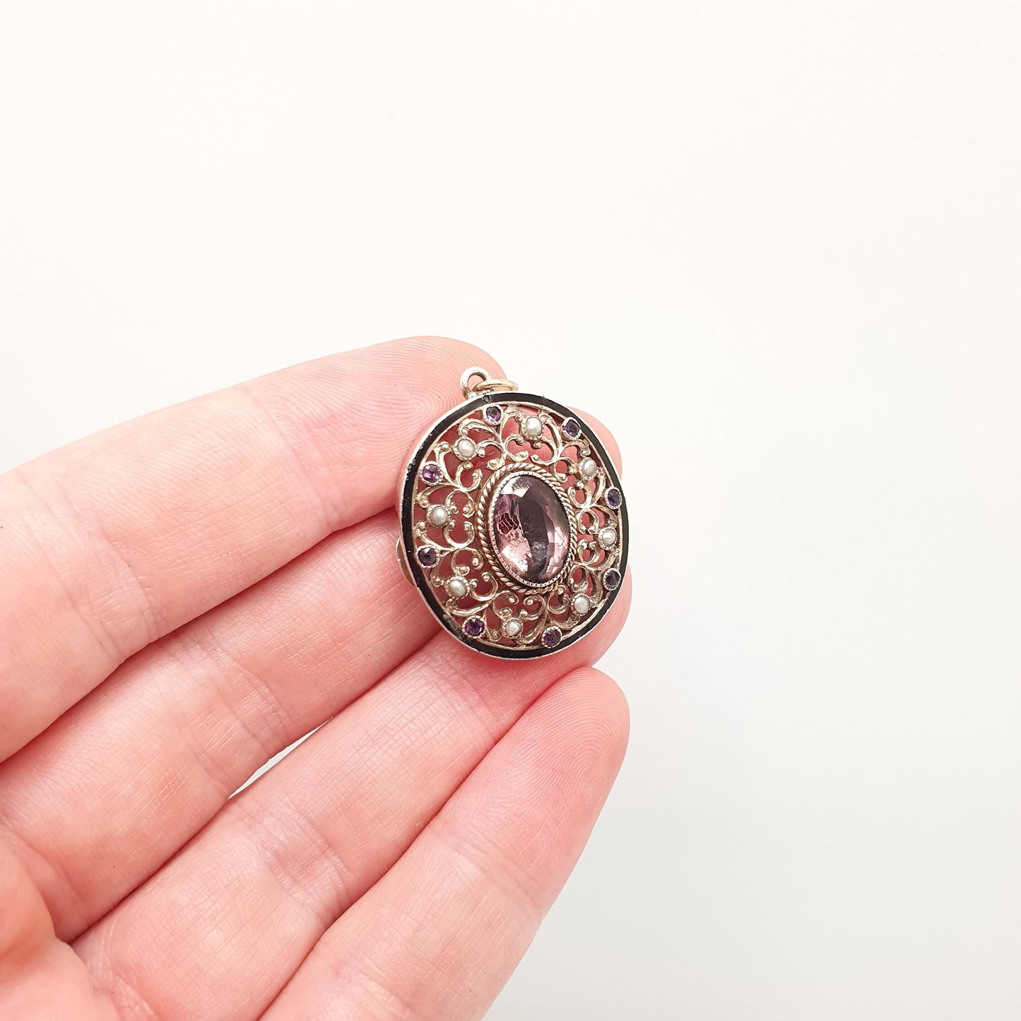 Antique Solid Silver Amethyst Locket Glass Rear Seed Pearl Enamel Pierced Art Nouveau Pendant Necklace Womens Vintage