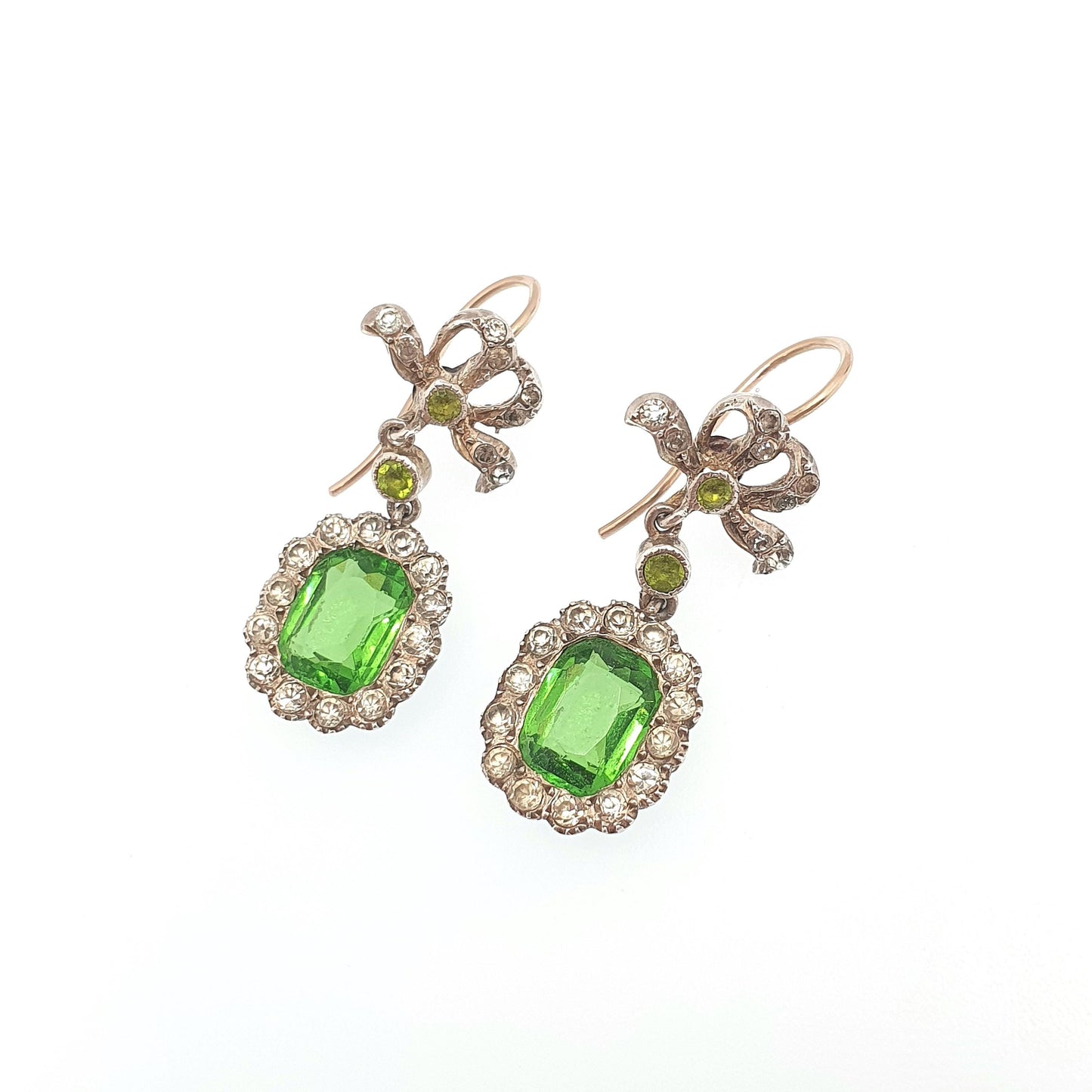 Antique Victorian 9ct Gold Peridot & Diamond Paste Earrings Bow Sterling Silver Hook Dangling Drop Chandelier Vintage Jewelry Jewellery