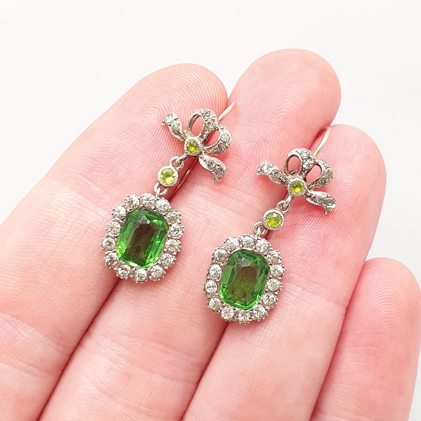 Antique Victorian 9ct Gold Peridot & Diamond Paste Earrings Bow Sterling Silver Hook Dangling Drop Chandelier Vintage Jewelry Jewellery