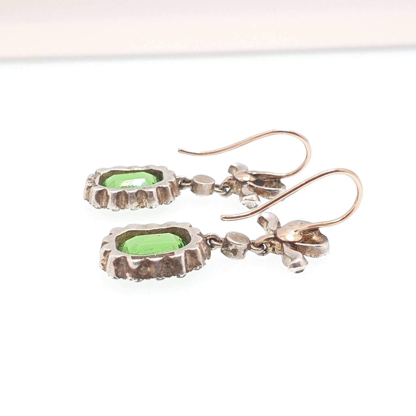 Antique Victorian 9ct Gold Peridot & Diamond Paste Earrings Bow Sterling Silver Hook Dangling Drop Chandelier Vintage Jewelry Jewellery