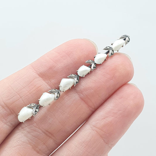 Antique Art Deco Solid Silver Freshwater Pearl Brooch Marcasite Accents 1920s Bar Pin Vintage Womens Jewelry Jewellery Mens