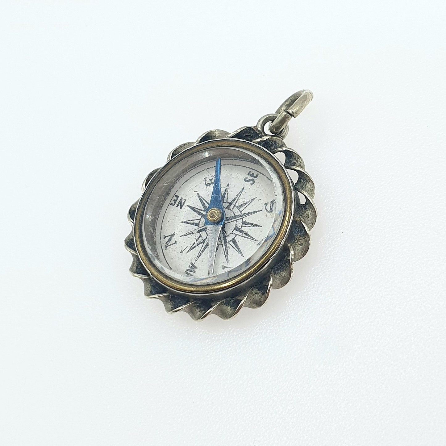 Antique Victorian Compass Fob Pendant Charm Silver Tone Base Metal Hand Engraved Jewelry Jewellery Womens Mens Nautical