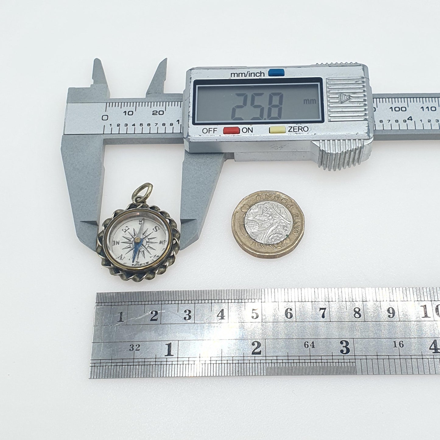 Antique Victorian Compass Fob Pendant Charm Silver Tone Base Metal Hand Engraved Jewelry Jewellery Womens Mens Nautical