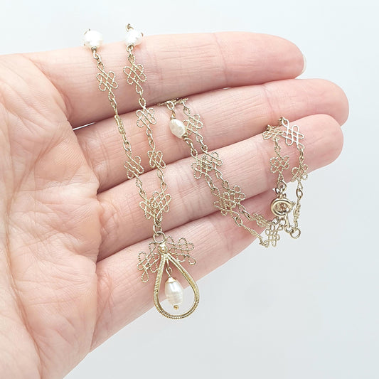 Antique Solid Silver Freshwater Pearl Necklace Gold Vermeil Arts and Crafts Filigree Womens Jewelry Jewellery 46cm 18.1” 4.94g