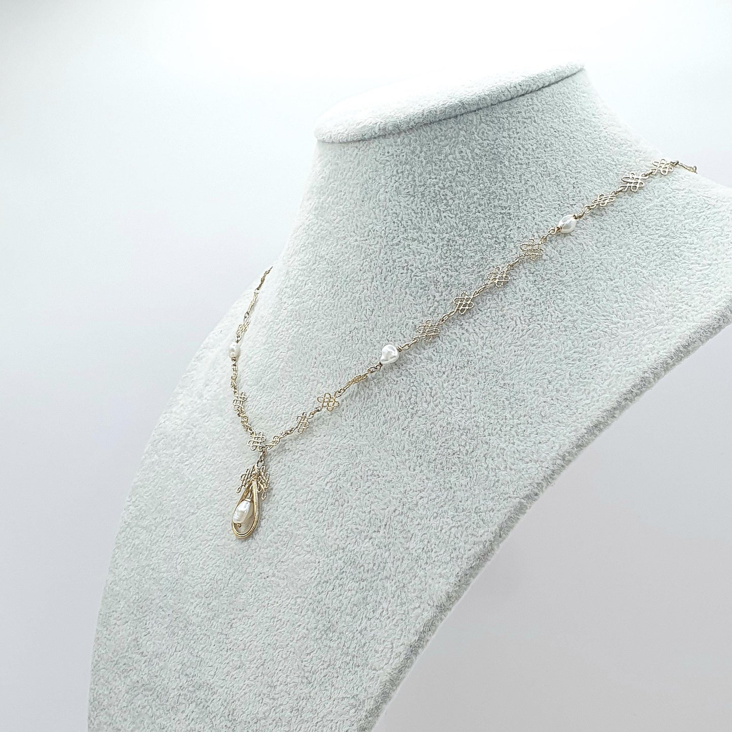 Antique Solid Silver Freshwater Pearl Necklace Gold Vermeil Arts and Crafts Filigree Womens Jewelry Jewellery 46cm 18.1” 4.94g