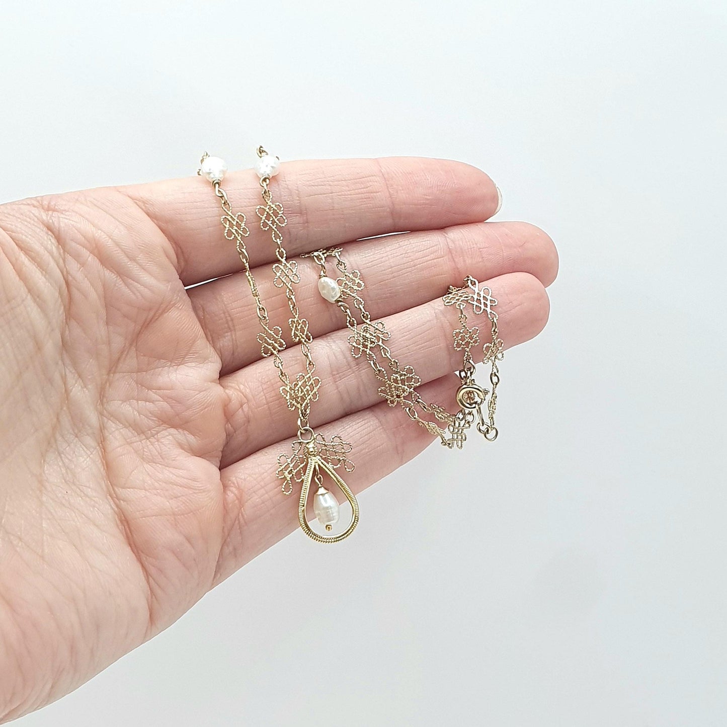 Antique Solid Silver Freshwater Pearl Necklace Gold Vermeil Arts and Crafts Filigree Womens Jewelry Jewellery 46cm 18.1” 4.94g