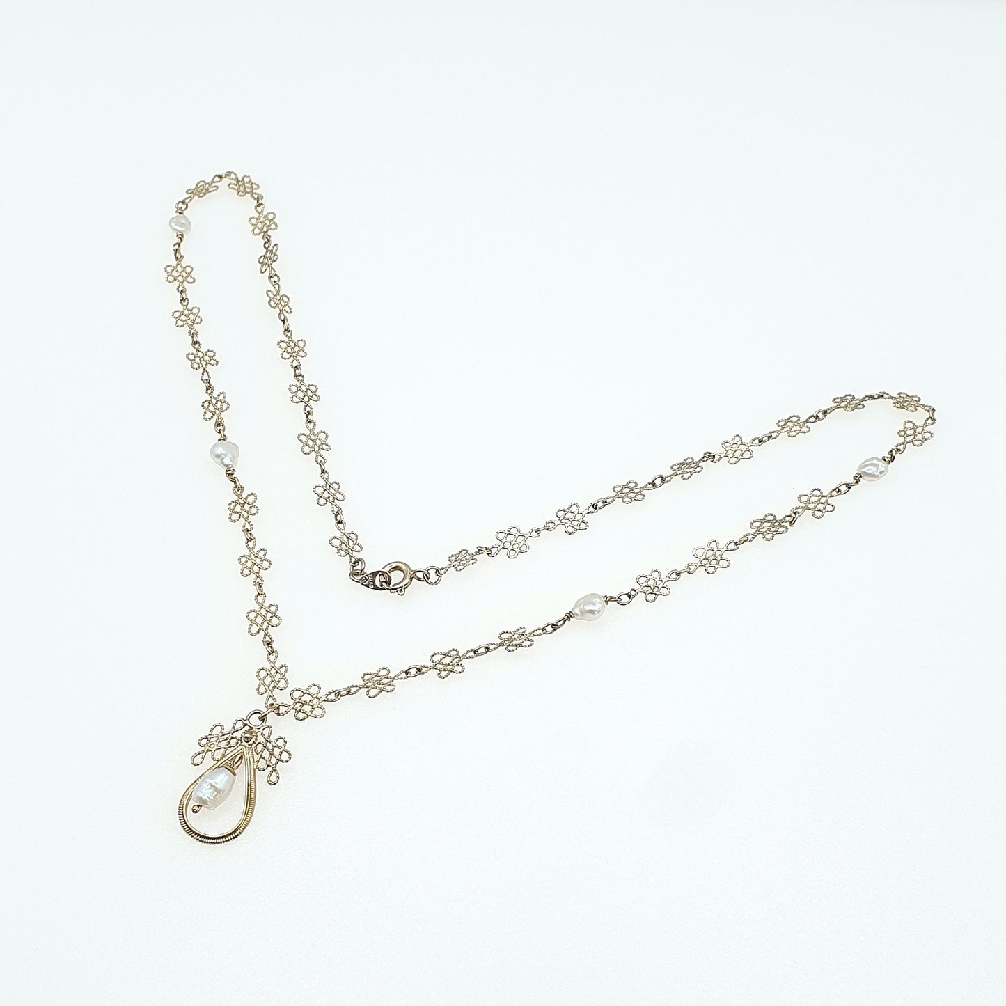 Antique Solid Silver Freshwater Pearl Necklace Gold Vermeil Arts and Crafts Filigree Womens Jewelry Jewellery 46cm 18.1” 4.94g