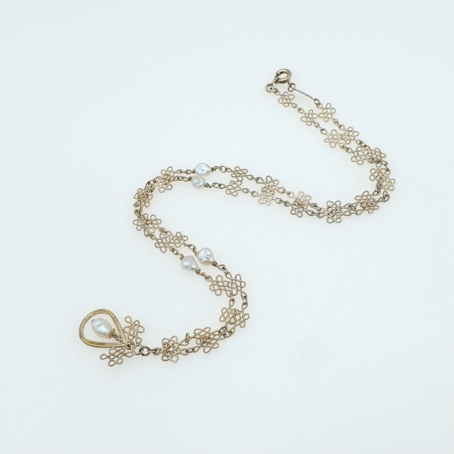 Antique Solid Silver Freshwater Pearl Necklace Gold Vermeil Arts and Crafts Filigree Womens Jewelry Jewellery 46cm 18.1” 4.94g