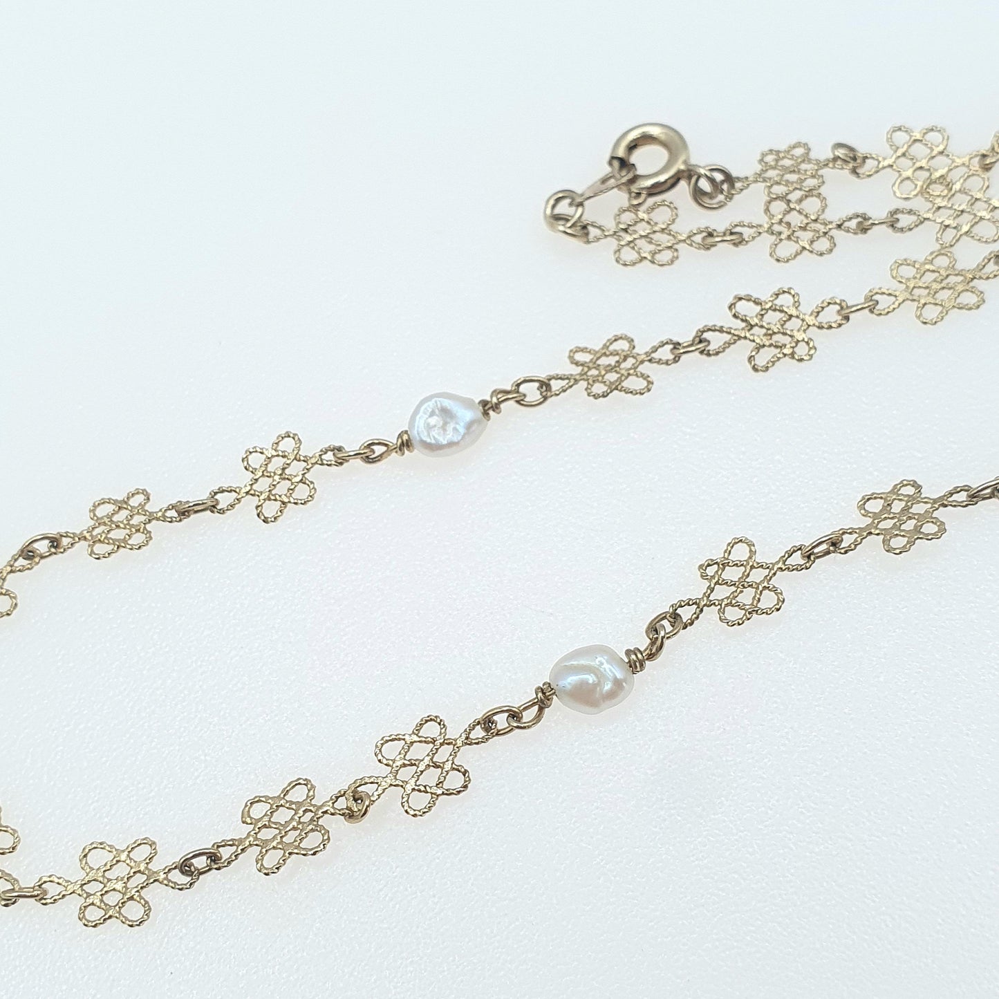 Antique Solid Silver Freshwater Pearl Necklace Gold Vermeil Arts and Crafts Filigree Womens Jewelry Jewellery 46cm 18.1” 4.94g