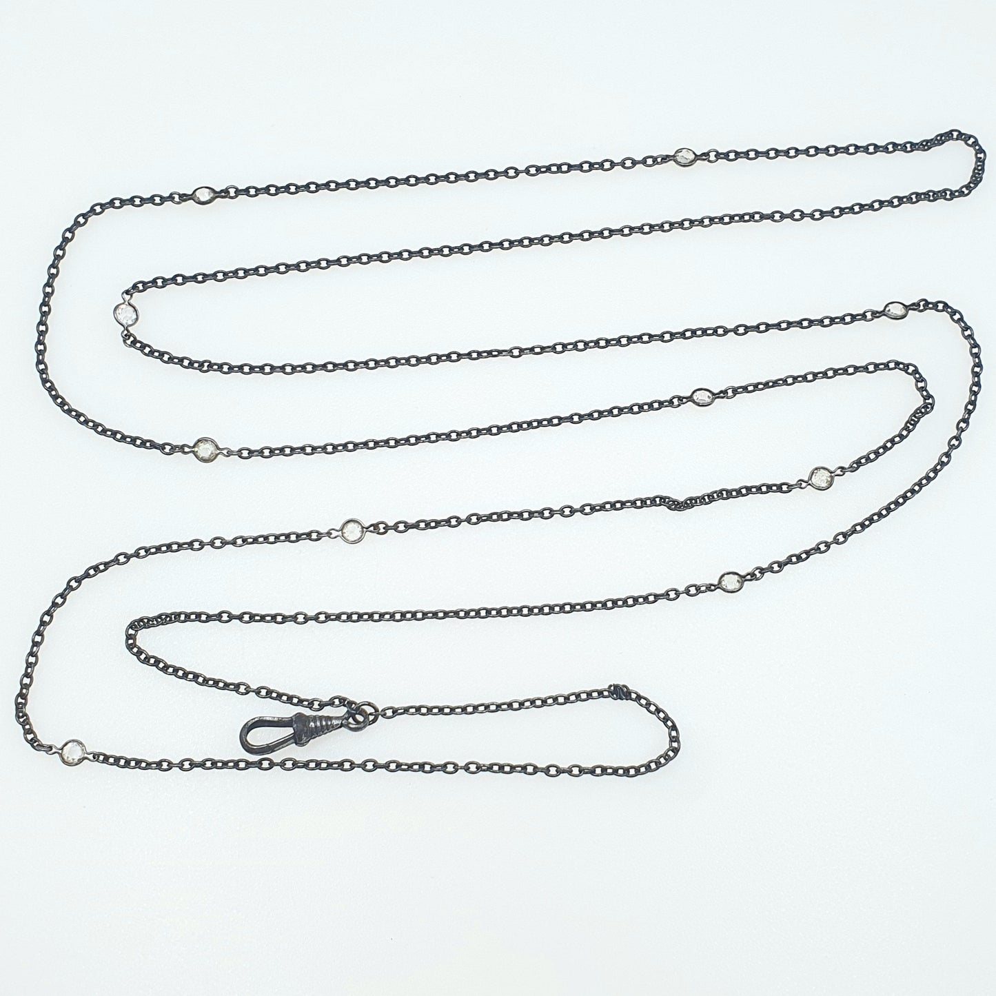 Antique Victorian Gun Metal Diamond Paste Muff Chain Necklace Dog Clip Black Metal Womens Vintage Mens 138cm 54" 12.91g Jewelry Jewellery