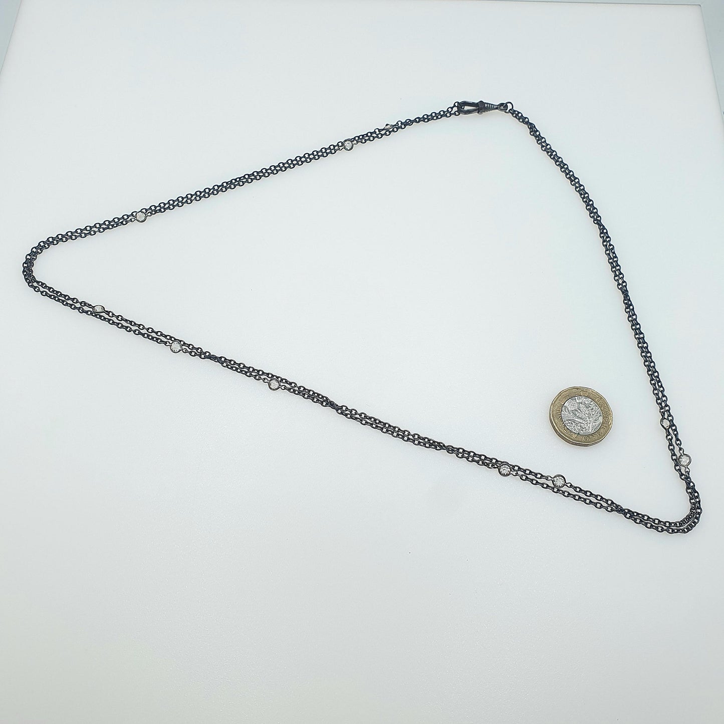 Antique Victorian Gun Metal Diamond Paste Muff Chain Necklace Dog Clip Black Metal Womens Vintage Mens 138cm 54" 12.91g Jewelry Jewellery