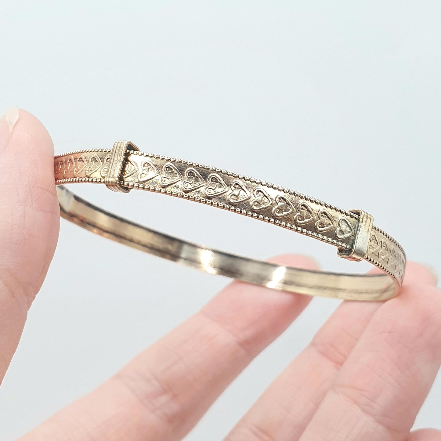 Antique Rolled Gold Bangle Bracelet Gold Filled Heart Pattern Retractable Womens Ladies Jewelry Vintage Jewellery Love Gift