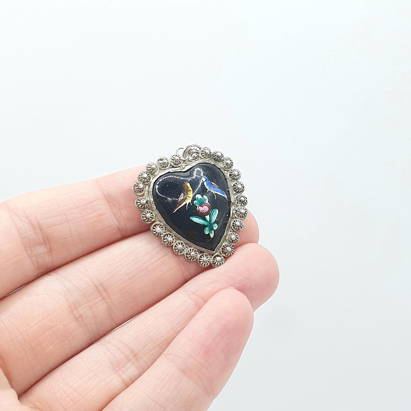 Antique Victorian Solid Silver Bird Heart Painted Pendant Necklace Filigree Border Vintage Womens Necklace Jewellery Jewelry