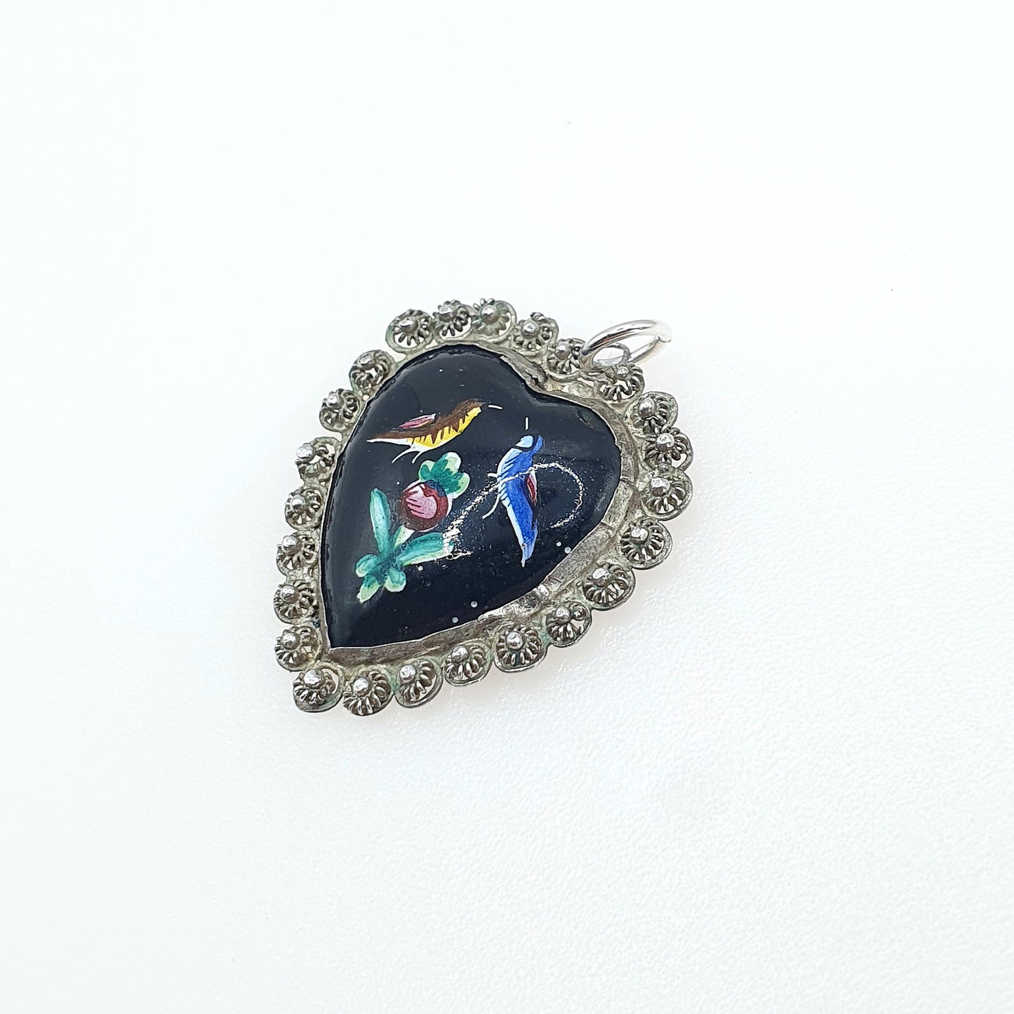 Antique Victorian Solid Silver Bird Heart Painted Pendant Necklace Filigree Border Vintage Womens Necklace Jewellery Jewelry