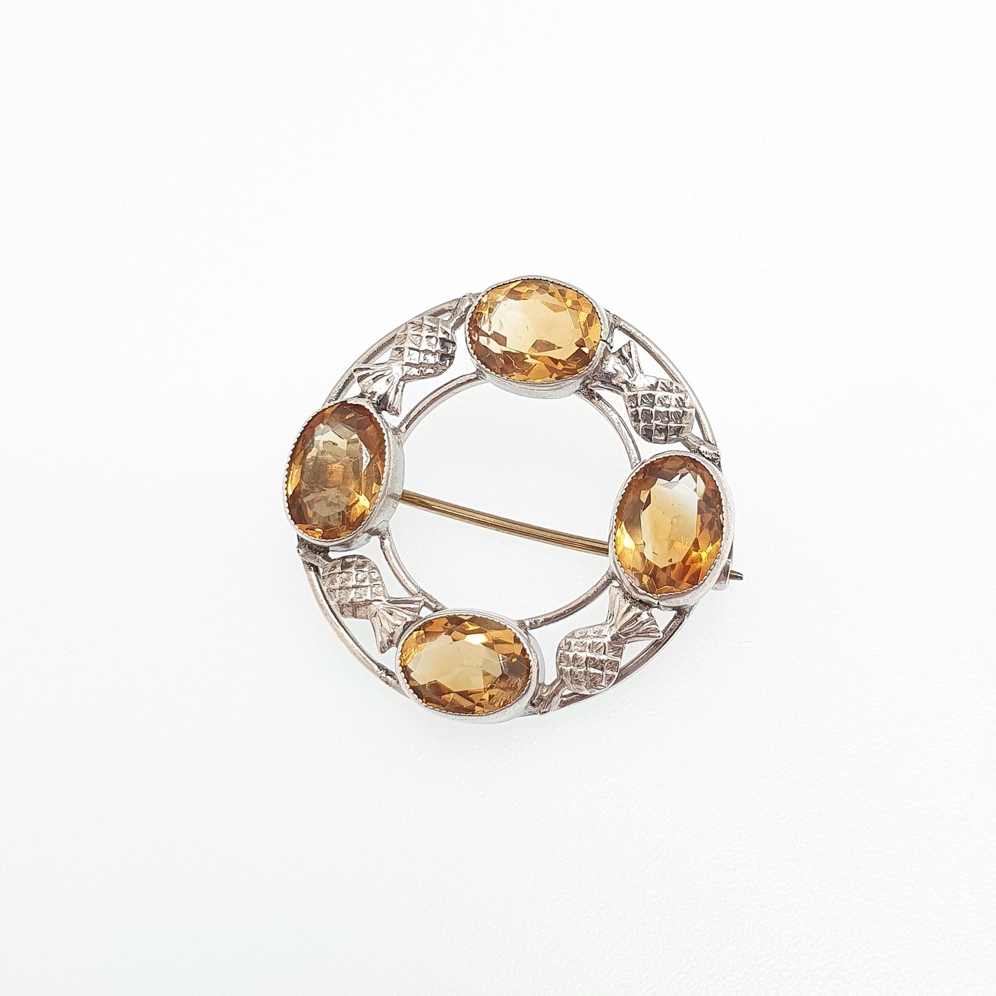 Antique Victorian Sterling Silver Natural Citrine Thistle Brooch Pin Scottish Flower of Scotland Celtic Vintage Jewelry Jewellery