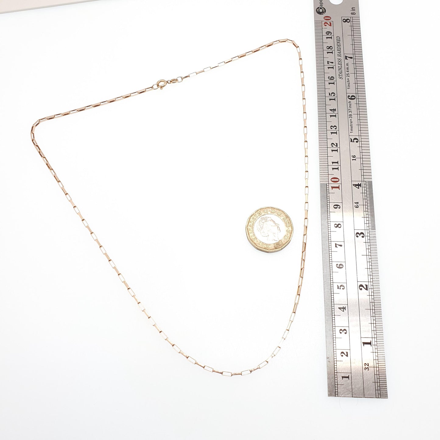 Vintage 9k Rose Gold Chain Necklace Long Box Link Rectangular 51cm 20" 4.26g Hallmarked Solid 9ct 375 Pink Womens Mens Jewellery Jewelry