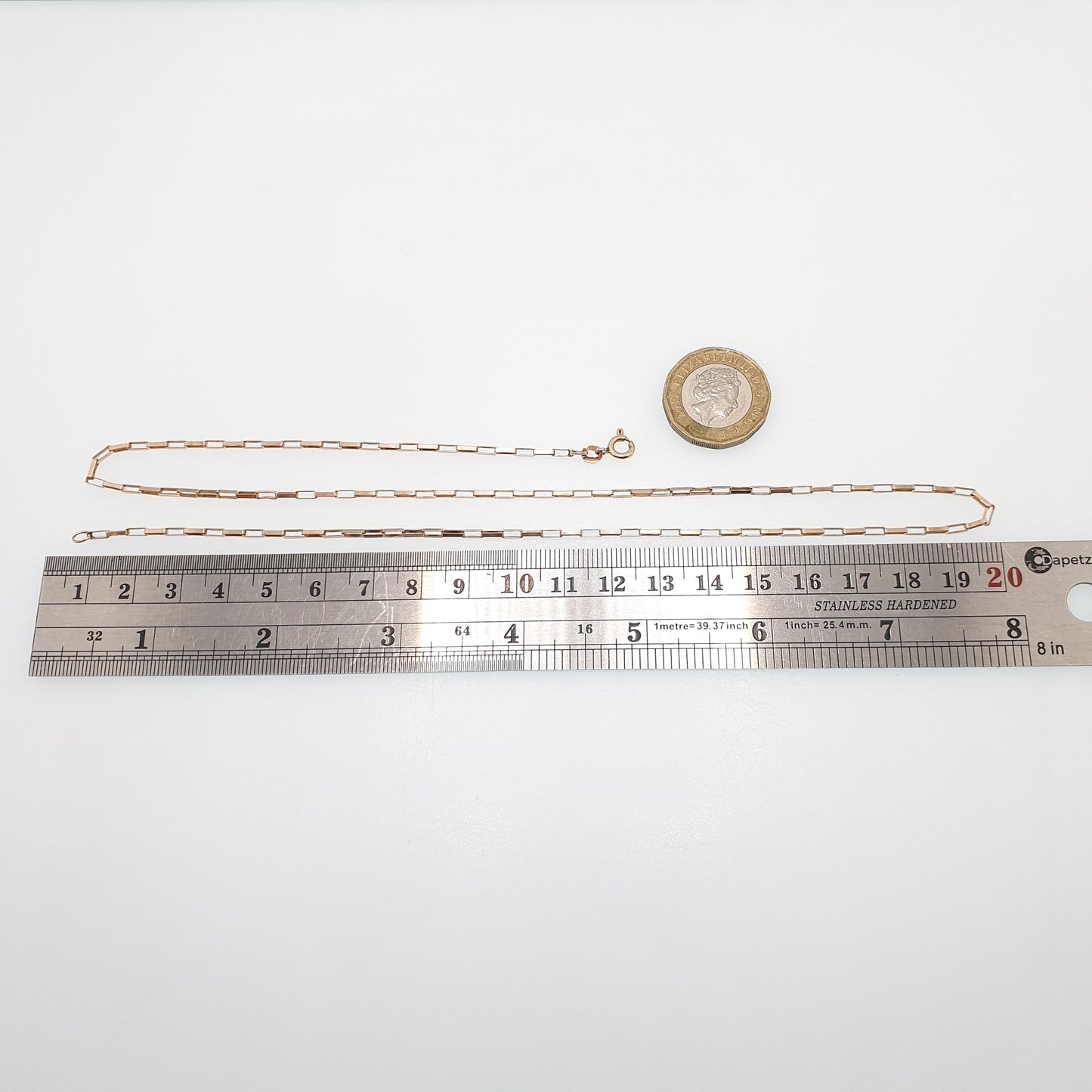 Vintage 9k Rose Gold Chain Necklace Long Box Link Rectangular 51cm 20" 4.26g Hallmarked Solid 9ct 375 Pink Womens Mens Jewellery Jewelry