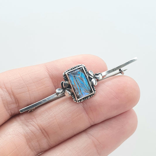 Antique Art Deco Solid Silver Butterfly Wing Brooch Clover Decoration Blue Morpho Insect Vintage Insect Womens Mens Jewellery