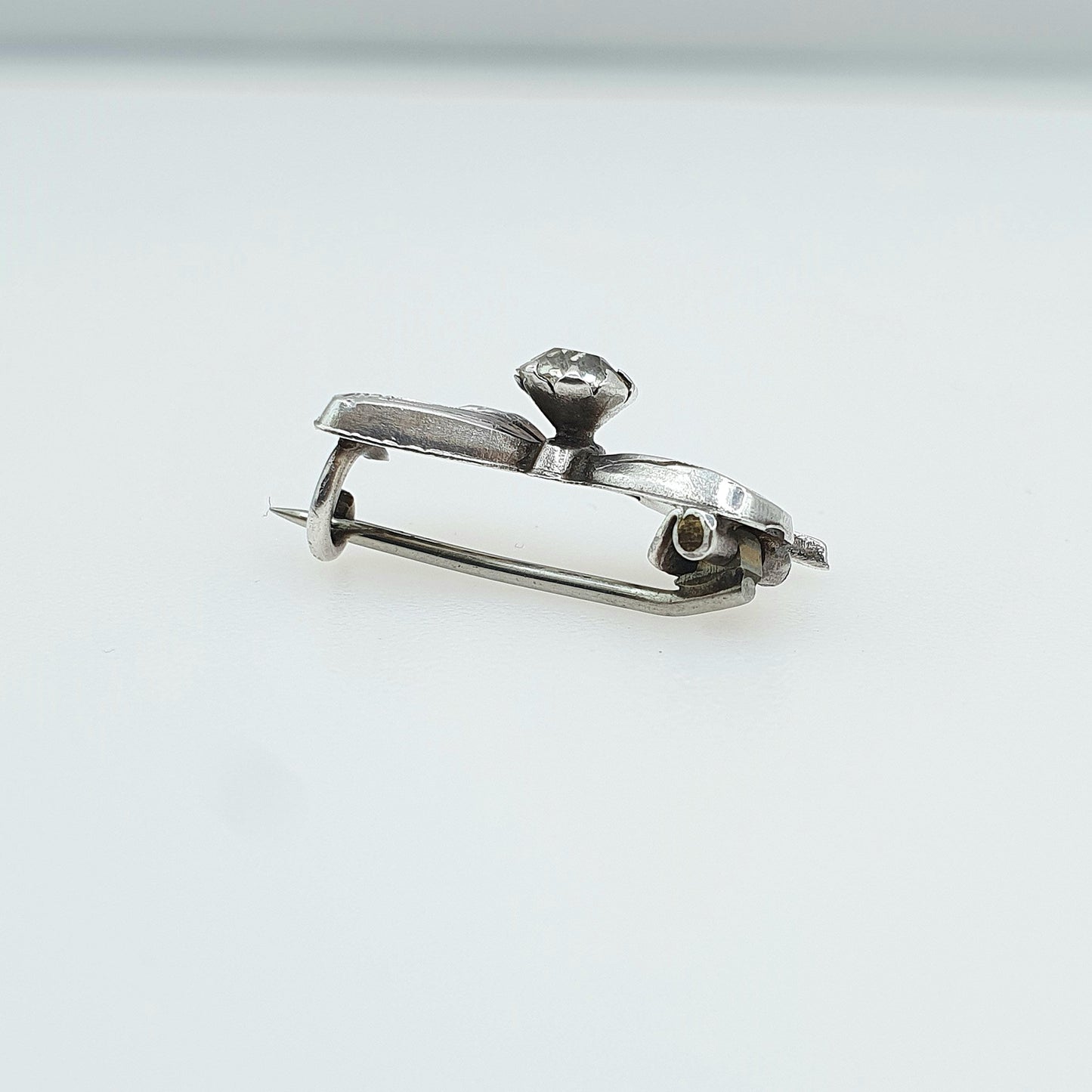 Antique Victorian Sterling Silver Bow Brooch Diamond Paste 1897 Hallmark Tiny Cute Small Vintage Womens Jewelry Jewellery Mens