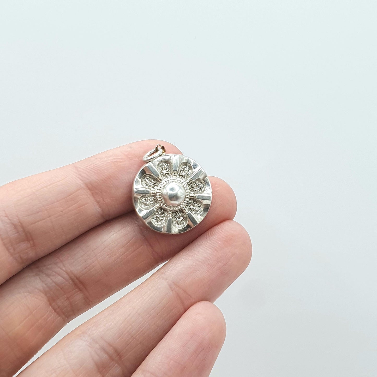 Antique Victorian Solid Silver Pendant Etruscan Revival Round Domed Aesthetic Necklace Womens Jewellery Mens Jewelry Unisex