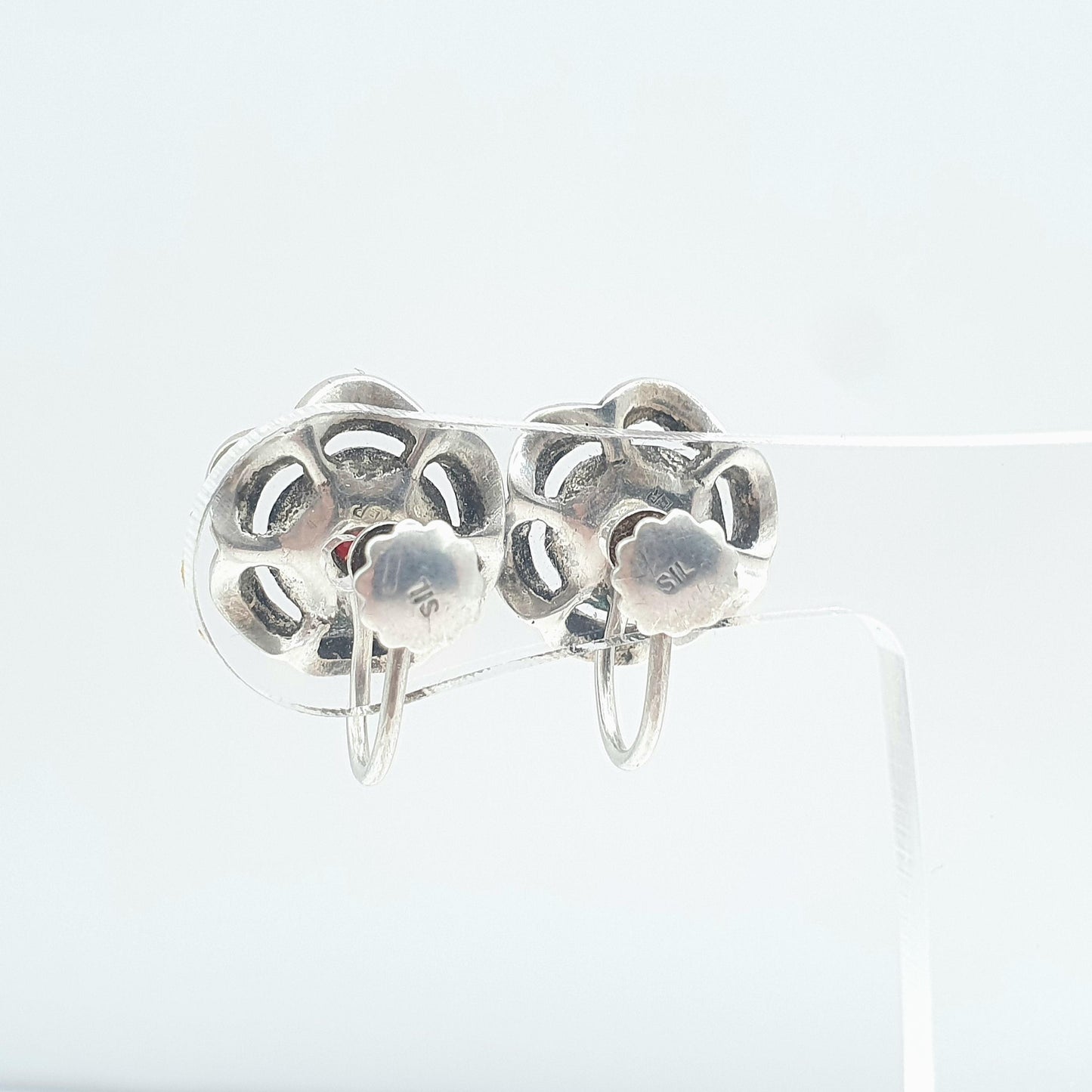 Antique Art Deco Solid Silver Garnet & Marcasite Earrings Flower Cluster Screw Back Womens Ladies Jewelry Jewellery