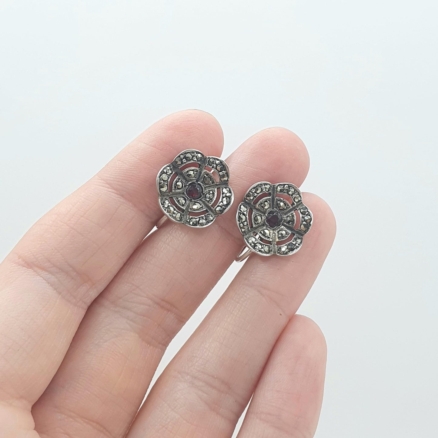 Antique Art Deco Solid Silver Garnet & Marcasite Earrings Flower Cluster Screw Back Womens Ladies Jewelry Jewellery
