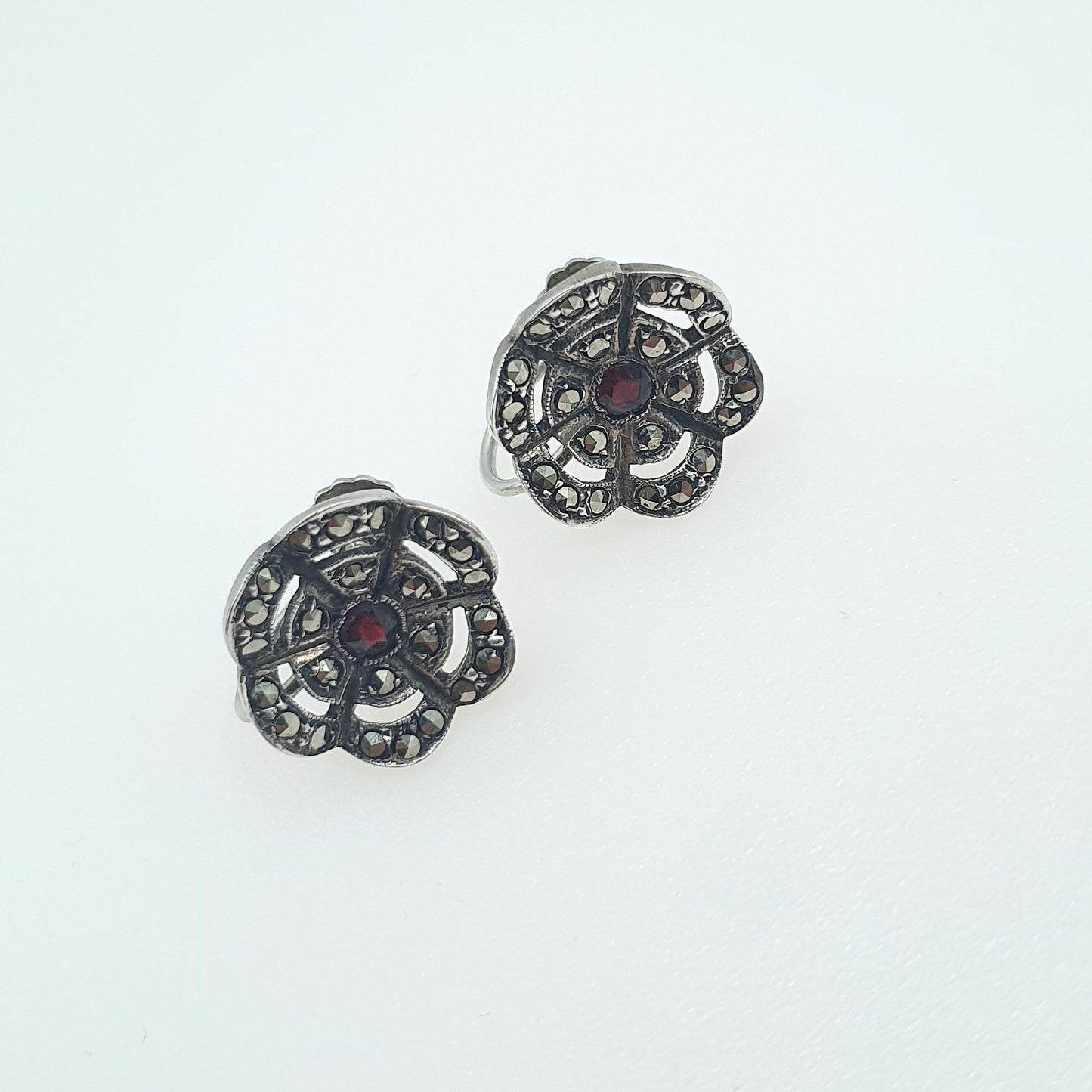 Antique Art Deco Solid Silver Garnet & Marcasite Earrings Flower Cluster Screw Back Womens Ladies Jewelry Jewellery