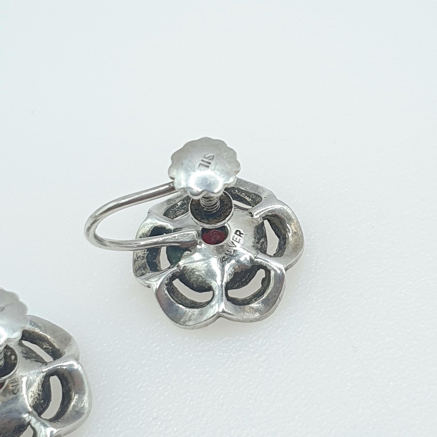 Antique Art Deco Solid Silver Garnet & Marcasite Earrings Flower Cluster Screw Back Womens Ladies Jewelry Jewellery