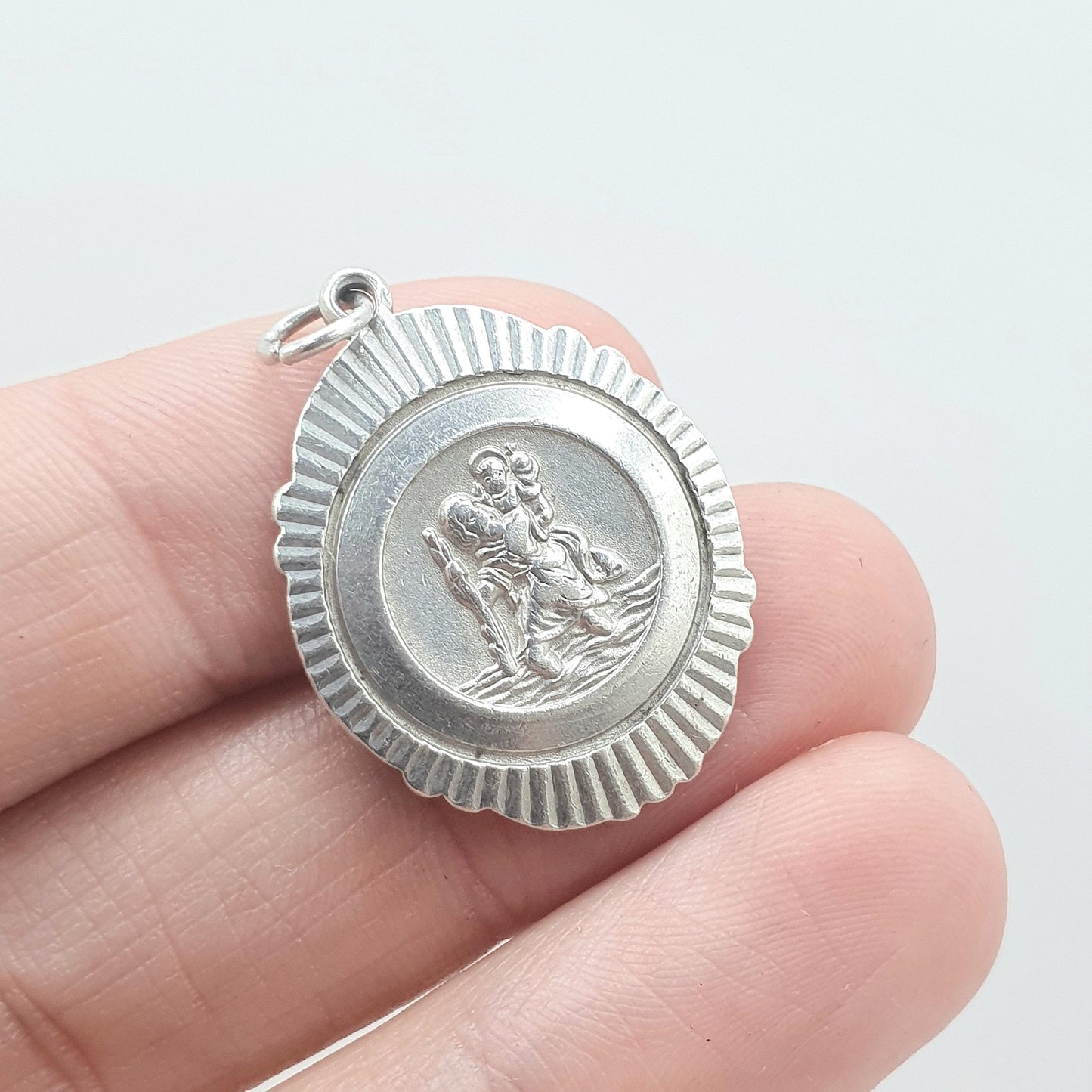 GEORG JENSEN Vintage Sterling Silver St Christopher Pendant Sunburst Sides Oval Saint Travel Jewellery Jewelry Men Women