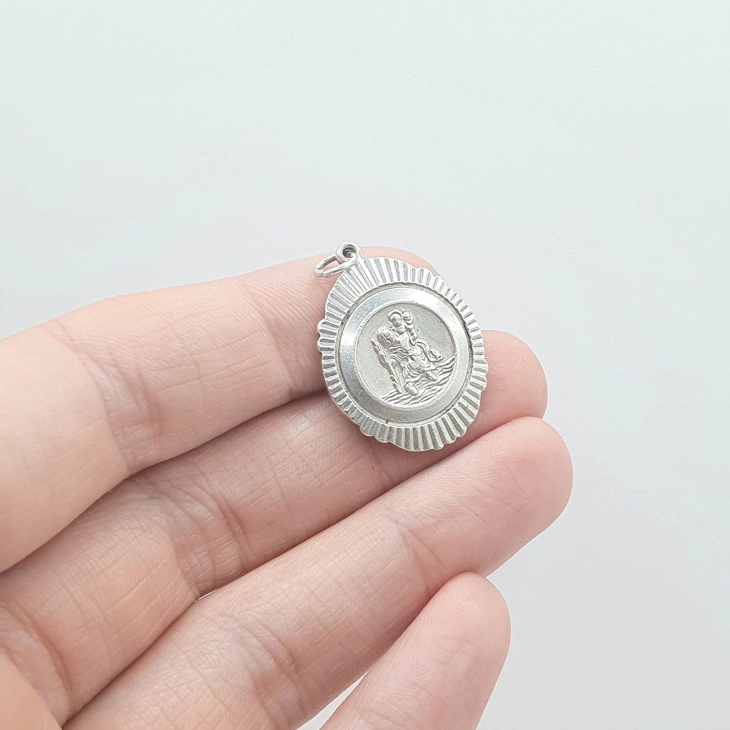 GEORG JENSEN Vintage Sterling Silver St Christopher Pendant Sunburst Sides Oval Saint Travel Jewellery Jewelry Men Women