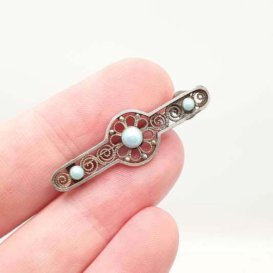 Antique MARIUS HAMMER Solid Silver Brooch Pin Blue Enamel Filigree 930S Scandinavian Jewelry Jewellery Vintage