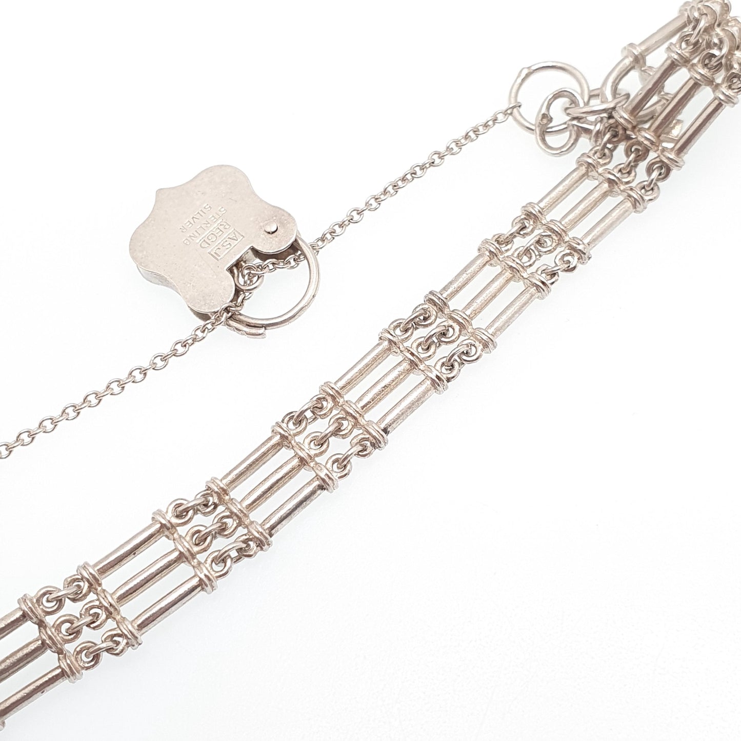 Vintage Sterling Silver Gate Link Bracelet Shield Padlock Clasp Key Charm Hallmarked 925 20cm 7.8" 17.68g Womens Jewelry Jewellery