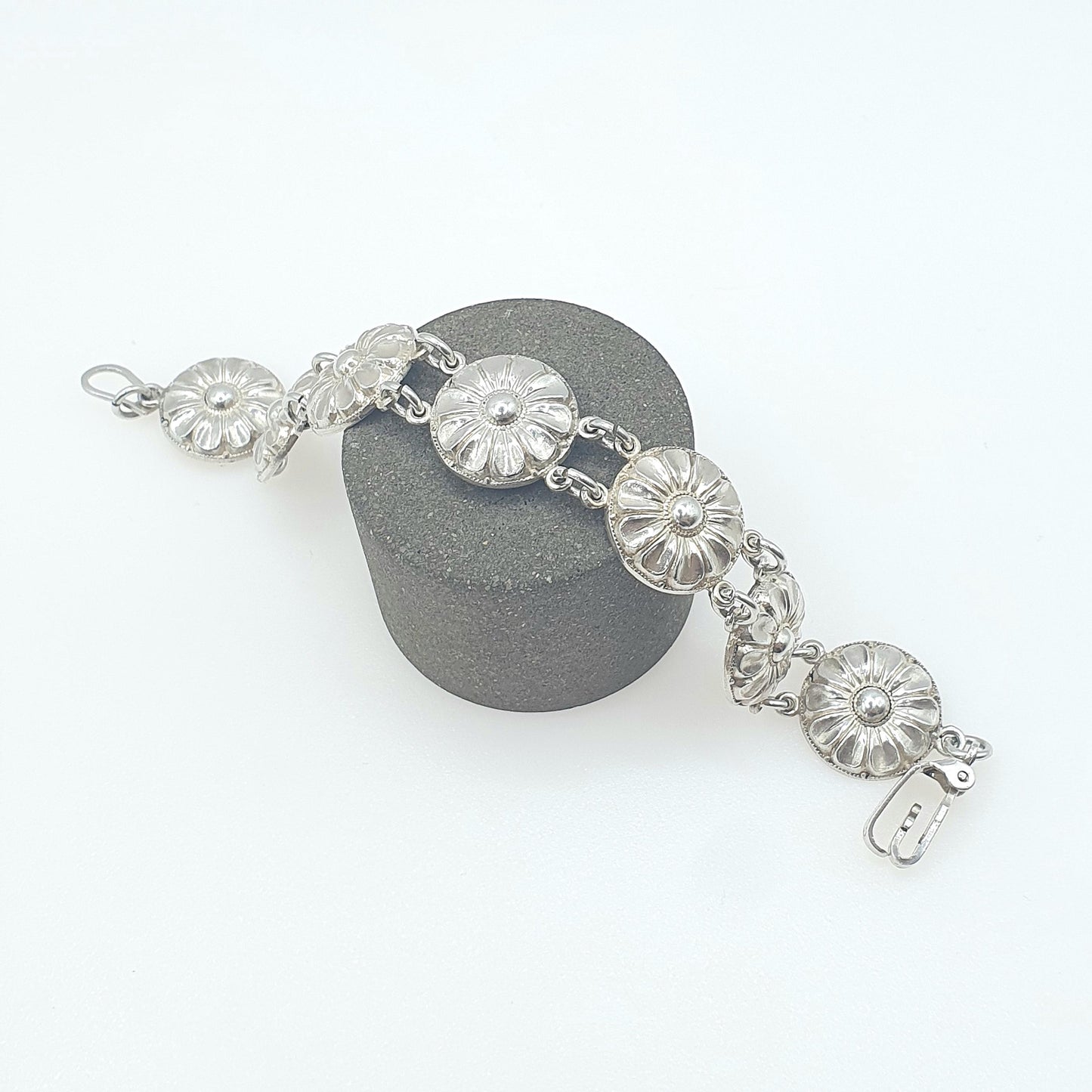 Antique Sterling Silver Flower Link Bracelet Art Deco Floral Vintage 1920s Womens Jewelry Jewellery 18.5cm 17.40g