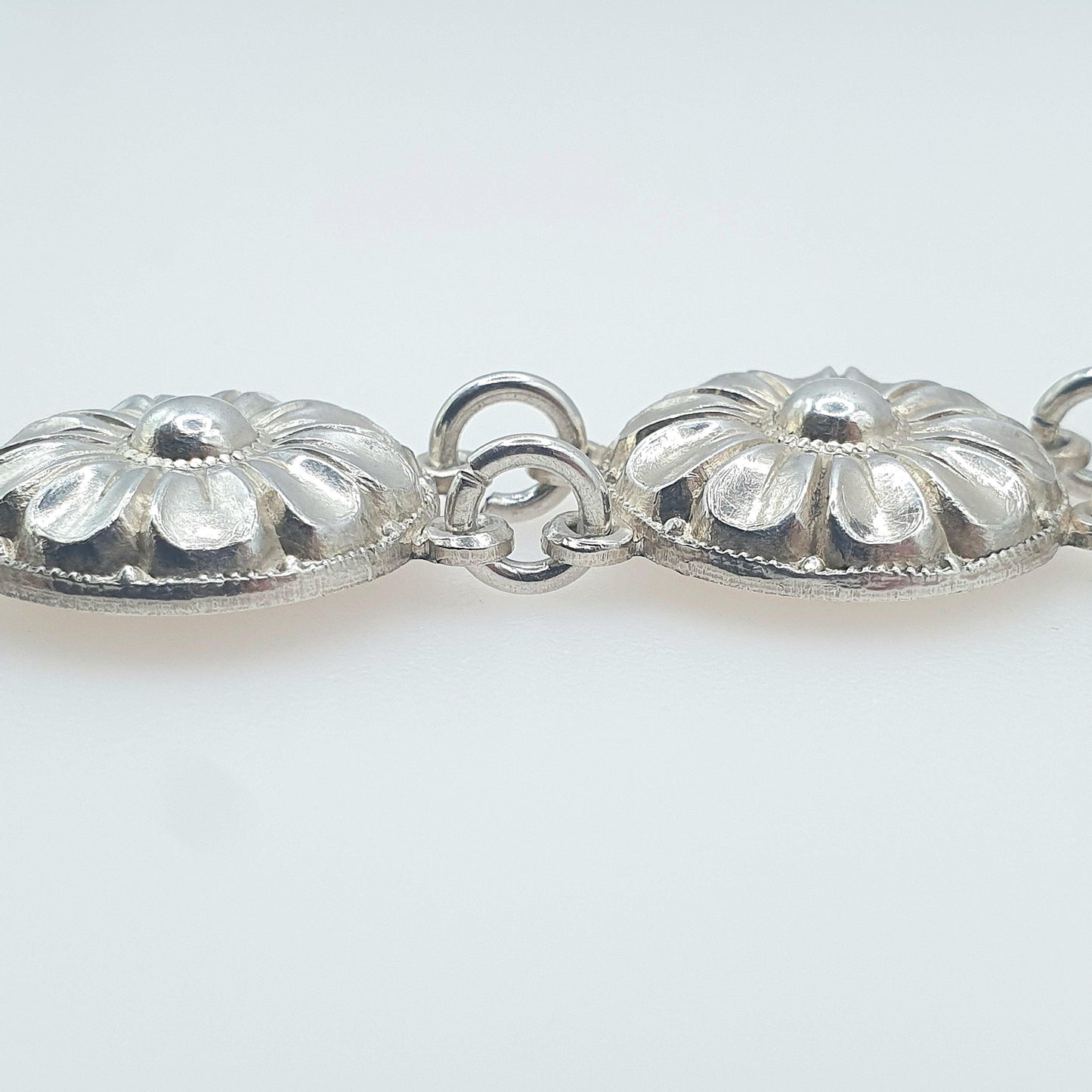 Antique Sterling Silver Flower Link Bracelet Art Deco Floral Vintage 1920s Womens Jewelry Jewellery 18.5cm 17.40g