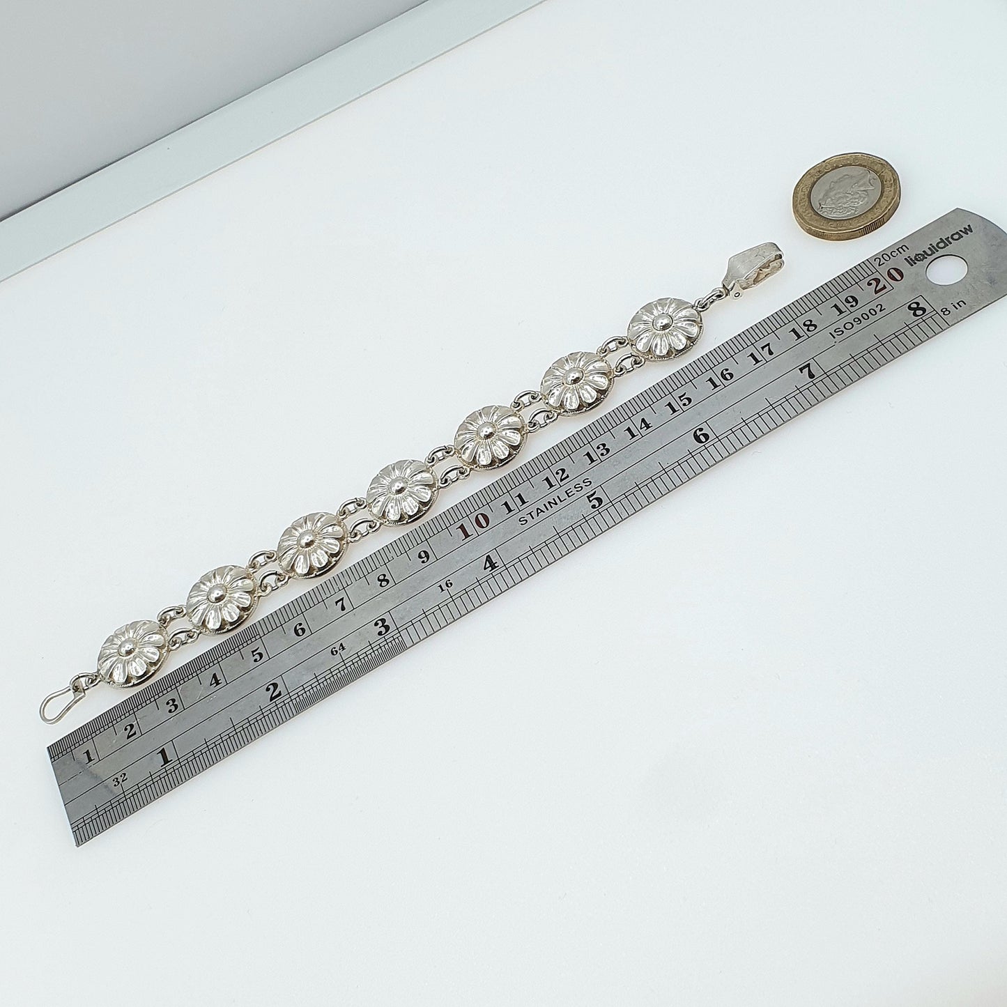Antique Sterling Silver Flower Link Bracelet Art Deco Floral Vintage 1920s Womens Jewelry Jewellery 18.5cm 17.40g