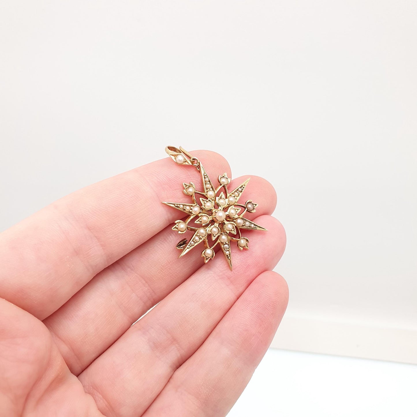 Antique 15ct Gold Star Pendant Seed Pearl Necklace Victorian Brooch Pin Solid 15k 15kt Celestial Vintage Jewellery Jewelry
