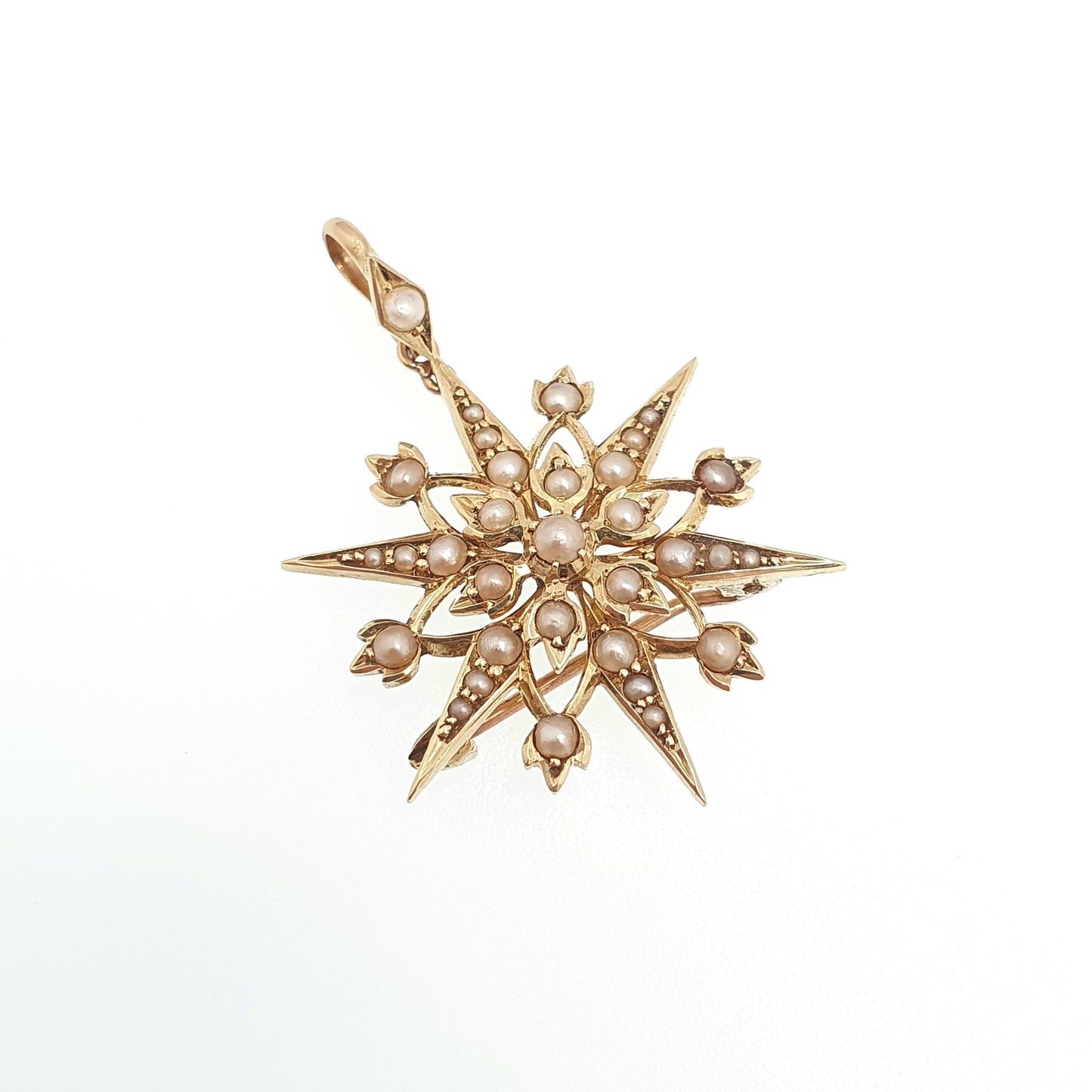 Antique 15ct Gold Star Pendant Seed Pearl Necklace Victorian Brooch Pin Solid 15k 15kt Celestial Vintage Jewellery Jewelry